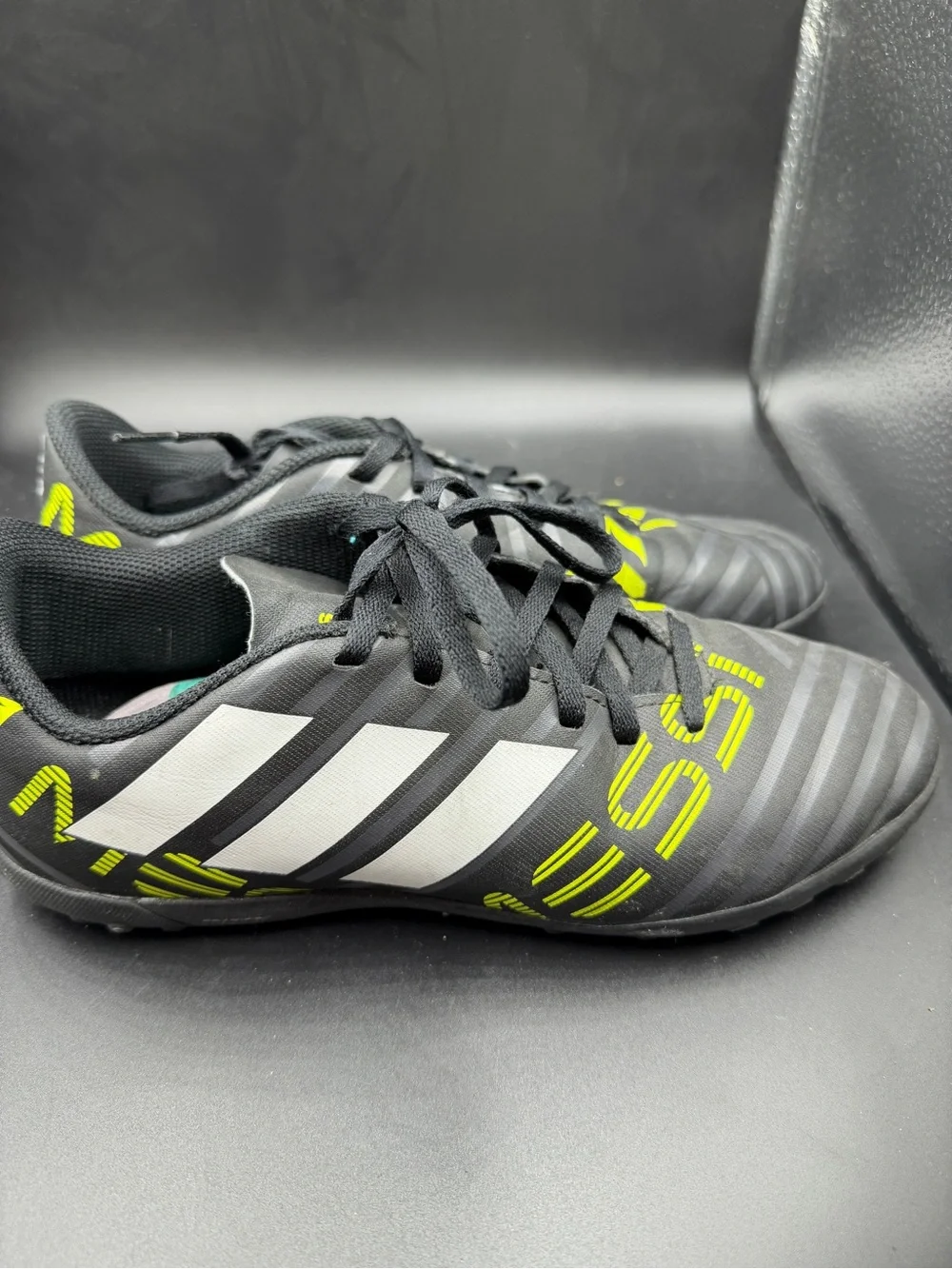 adidas Kids Black Soccer Sneakers with White Stripes and Neon Yellow Accents